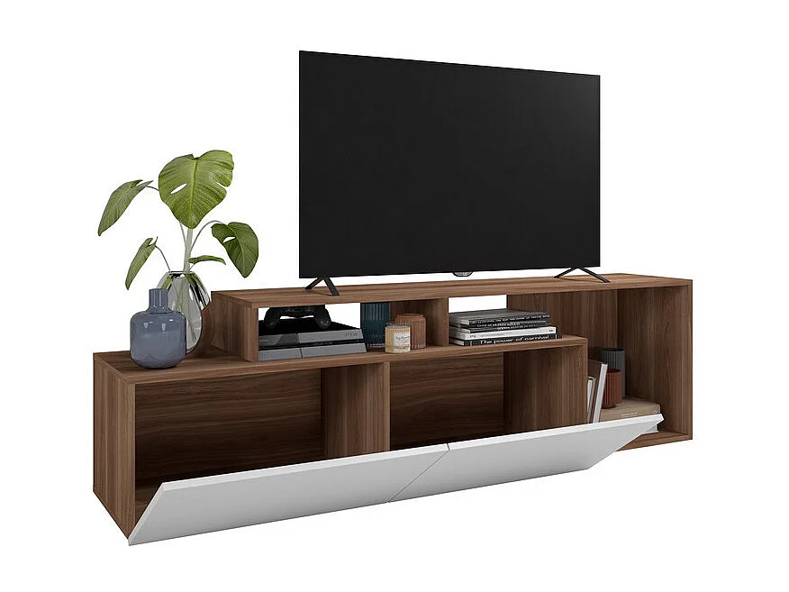 Meuble TV 50 Pouces 2 Abattants Blanc et Châtaignier L 164 H 46.5 P 37.5 cm