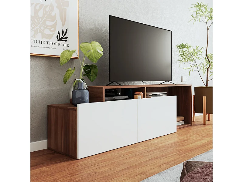 Meuble TV 50 Pouces 2 Abattants Blanc et Châtaignier L 164 H 46.5 P 37.5 cm