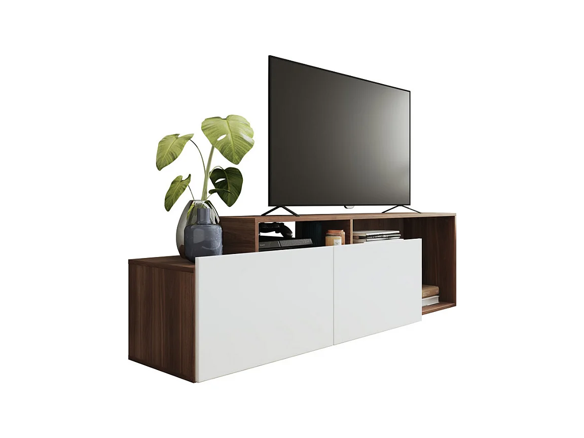 Meuble TV 50 Pouces 2 Abattants Blanc et Châtaignier L 164 H 46.5 P 37.5 cm