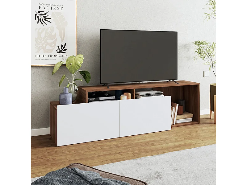 Meuble TV 50 Pouces 2 Abattants Blanc et Châtaignier L 164 H 46.5 P 37.5 cm