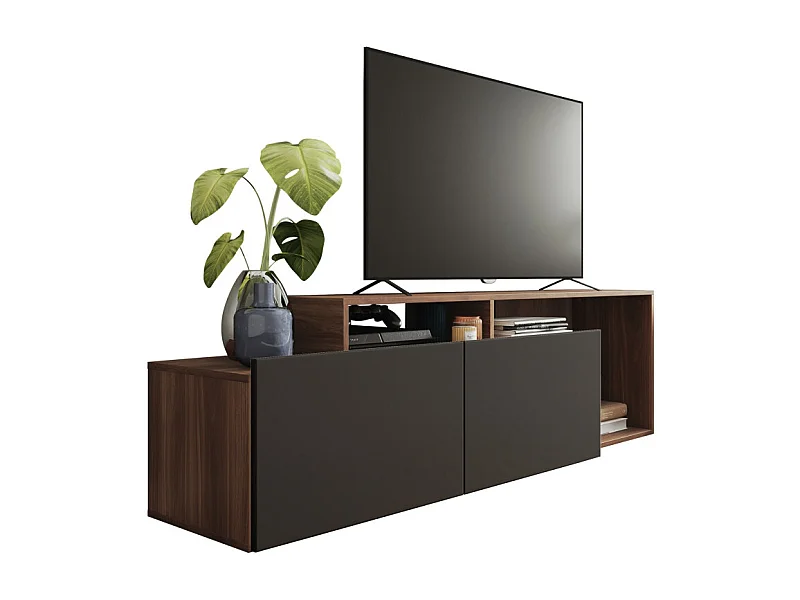 Meuble TV 50 Pouces 2 Abattants Noir et Chêne foncé L 164 H 46.5 P 37.5 cm