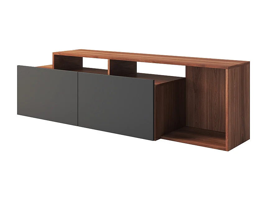 Meuble TV 50 Pouces 2 Abattants Noir et Chêne foncé L 164 H 46.5 P 37.5 cm