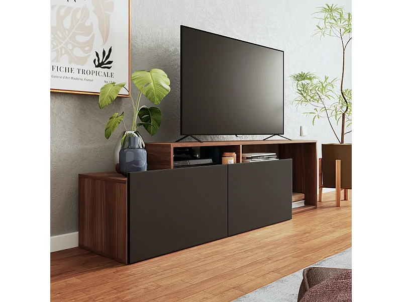 Meuble TV 50 Pouces 2 Abattants Noir et Chêne foncé L 164 H 46.5 P 37.5 cm