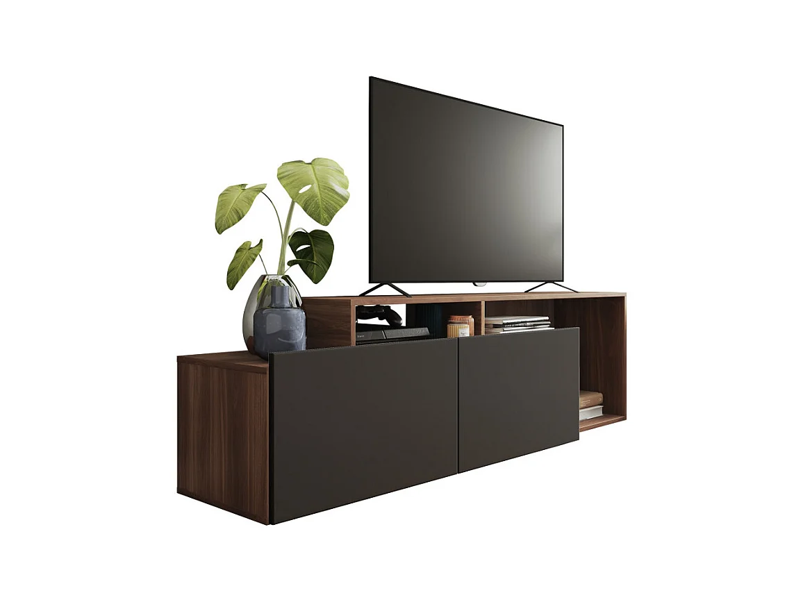 Meuble TV 50 Pouces 2 Abattants Noir et Chêne foncé L 164 H 46.5 P 37.5 cm