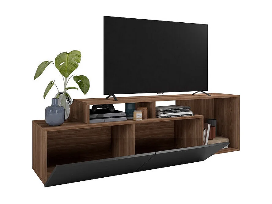 Meuble TV 50 Pouces 2 Abattants Noir et Chêne foncé L 164 H 46.5 P 37.5 cm