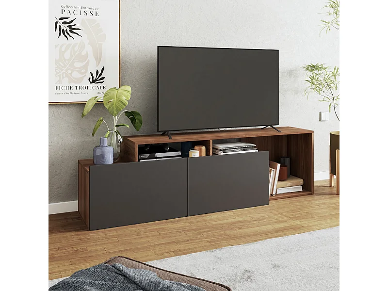 Meuble TV 50 Pouces 2 Abattants Noir et Chêne foncé L 164 H 46.5 P 37.5 cm