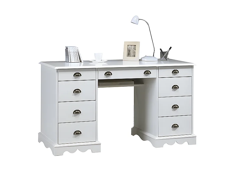 Bureau 2 Caissons Blanc 9 Tiroirs de Style Anglais L 137.5 H 74.7 P 58.3 cm