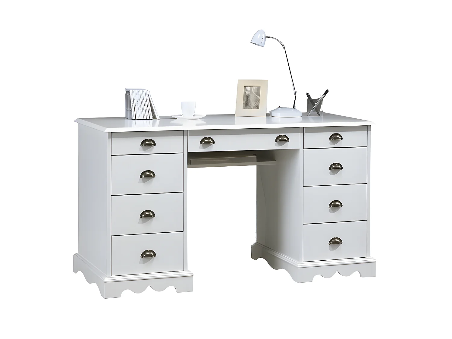 Bureau 2 Caissons Blanc 9 Tiroirs de Style Anglais L 137.5 H 74.7 P 58.3 cm
