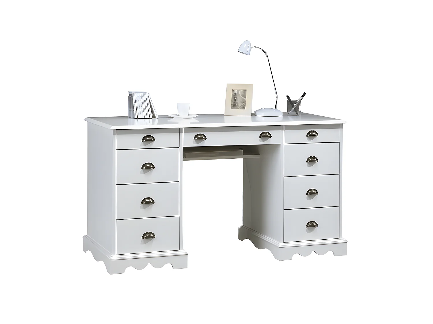 Bureau 2 Caissons Blanc 9 Tiroirs de Style Anglais L 137.5 H 74.7 P 58.3 cm