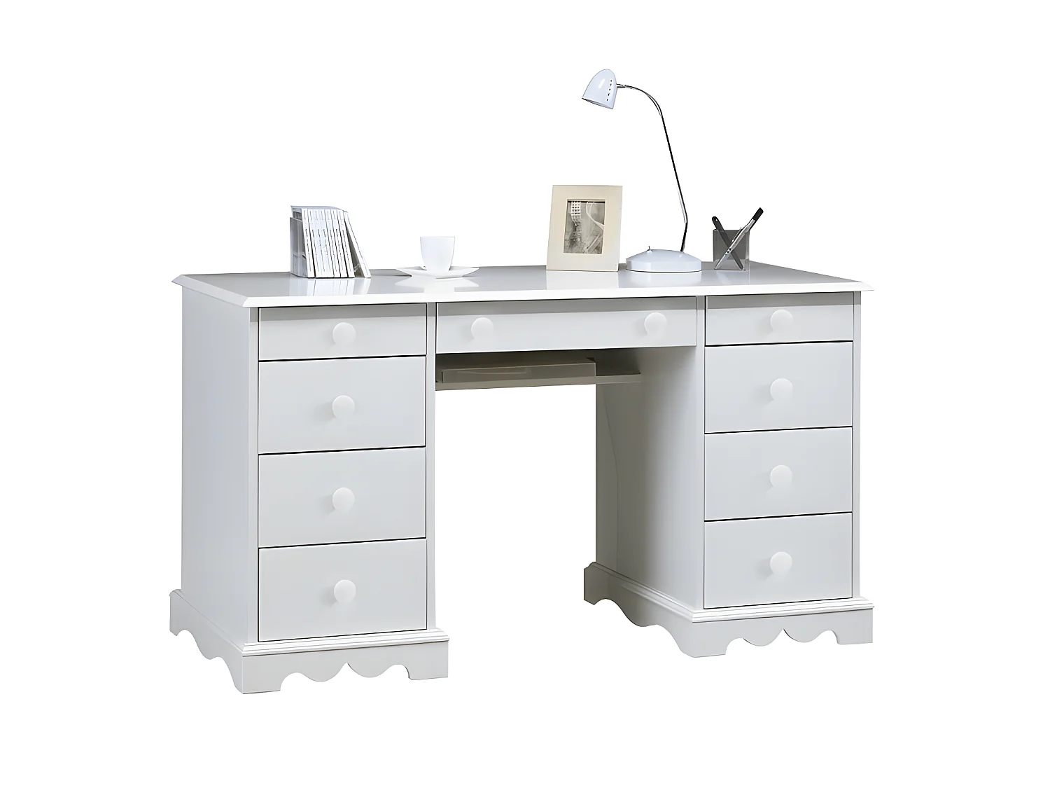 Bureau 2 Caissons Blanc 9 Tiroirs de Style Anglais L 137.5 H 74.7 P 58.3 cm