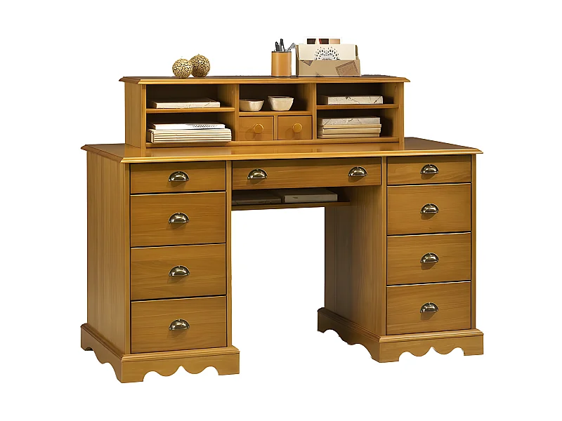 Bureau Ministre Pin Miel Style Anglais 11 Tiroirs 5 Niches L 137.5 H 99.7 P 58.3 cm