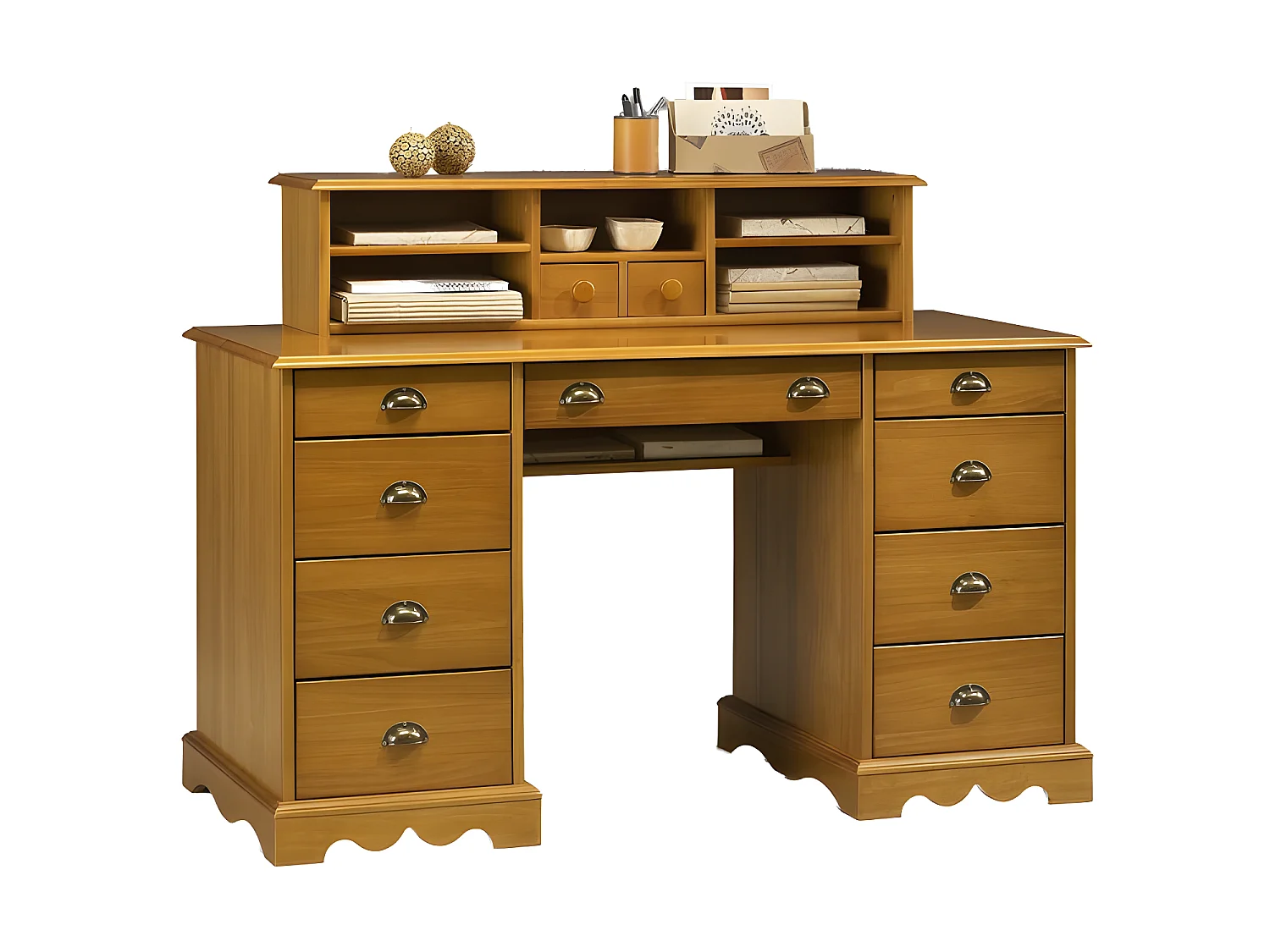 Bureau Ministre Pin Miel Style Anglais 11 Tiroirs 5 Niches L 137.5 H 99.7 P 58.3 cm