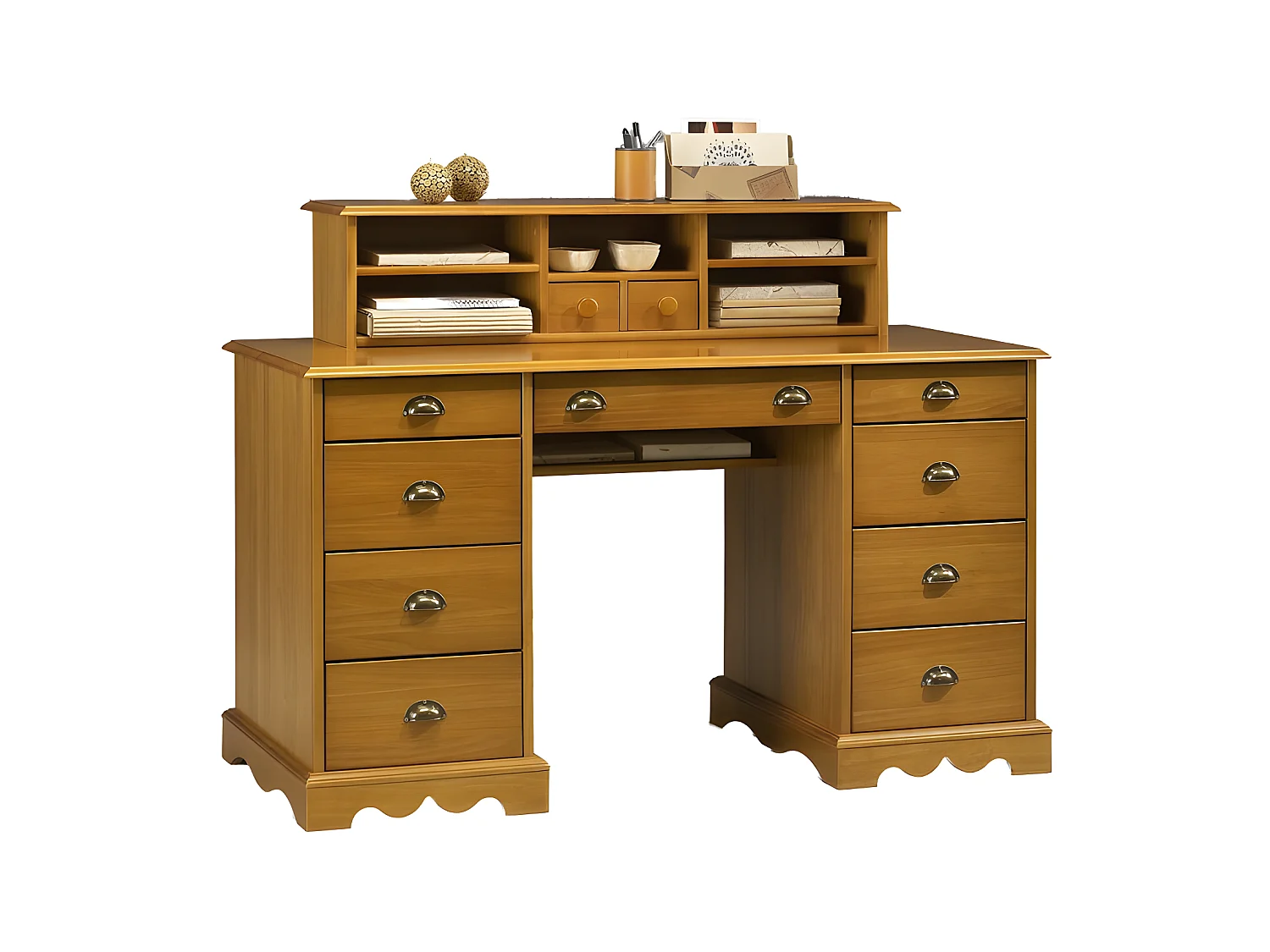 Bureau Ministre Pin Miel Style Anglais 11 Tiroirs 5 Niches L 137.5 H 99.7 P 58.3 cm