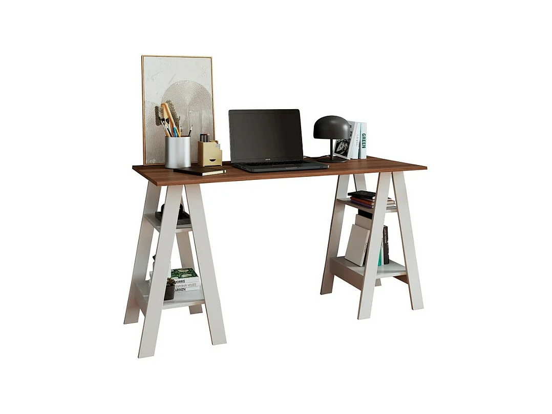 Bureau 2 Tréteaux 4 Niches Blanc et Châtaignier L 135 H 75 P 60 cm