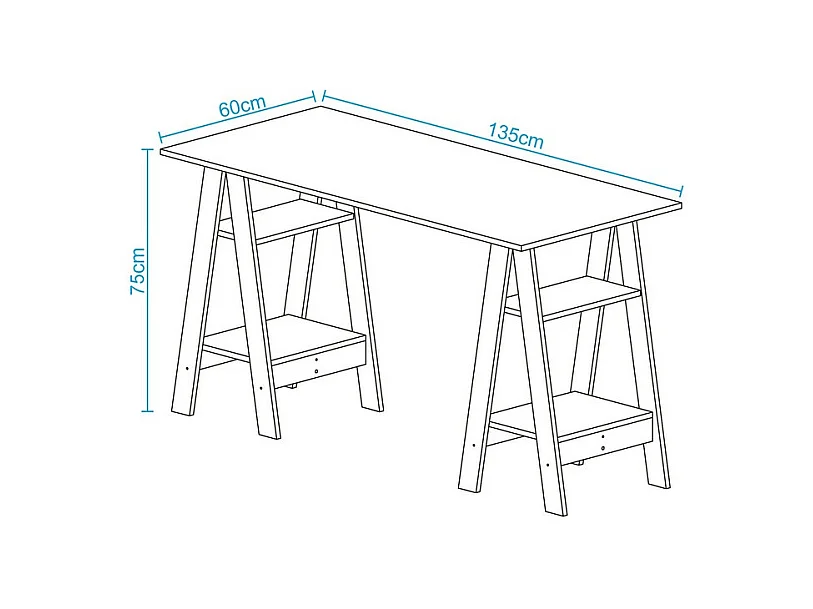 Bureau 2 Tréteaux 4 Niches Blanc et Châtaignier L 135 H 75 P 60 cm