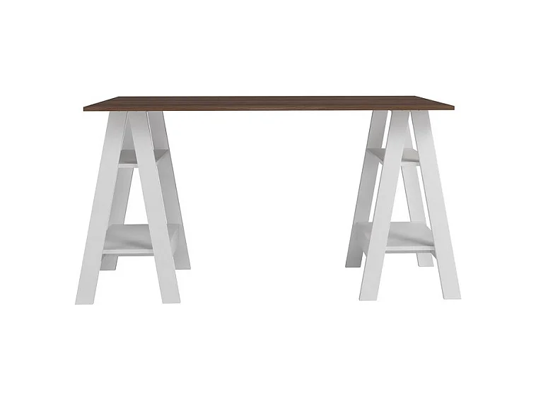 Bureau 2 Tréteaux 4 Niches Blanc et Châtaignier L 135 H 75 P 60 cm