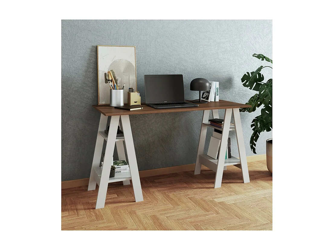 Bureau 2 Tréteaux 4 Niches Blanc et Châtaignier L 135 H 75 P 60 cm