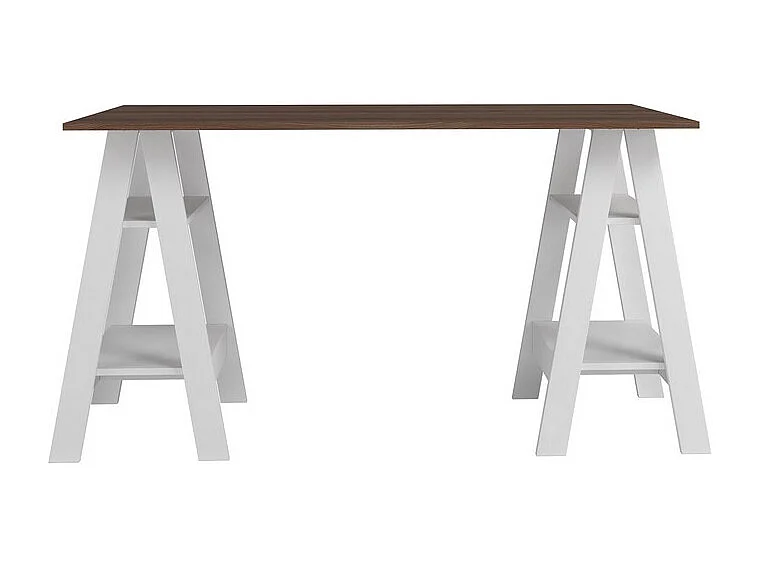 Bureau 2 Tréteaux 4 Niches Blanc et Châtaignier L 135 H 75 P 60 cm