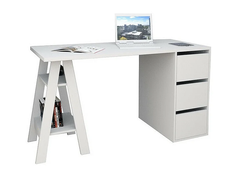Bureau Tréteau et Caisson 3 Tiroirs Blanc 2 Niches L 135 H 75 P 60 cm