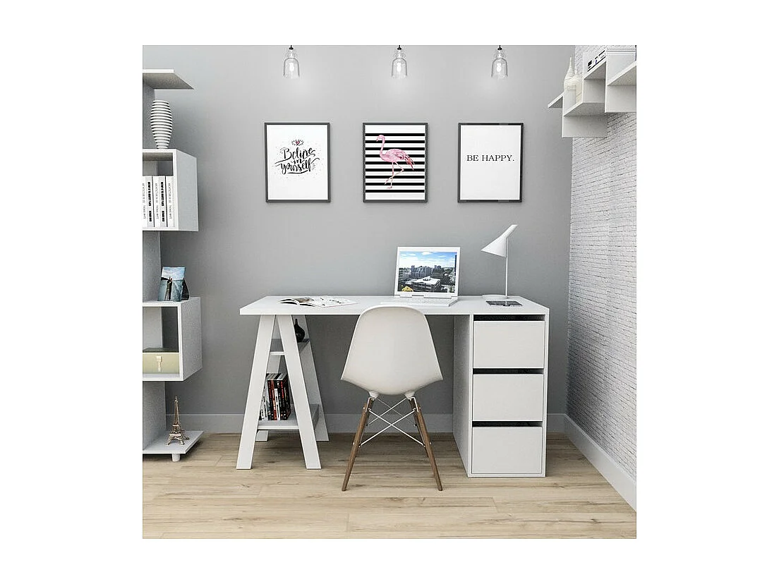 Bureau Tréteau et Caisson 3 Tiroirs Blanc 2 Niches L 135 H 75 P 60 cm