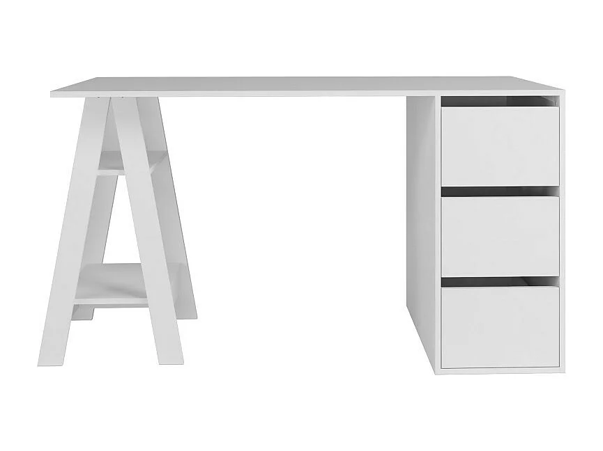 Bureau Tréteau et Caisson 3 Tiroirs Blanc 2 Niches L 135 H 75 P 60 cm