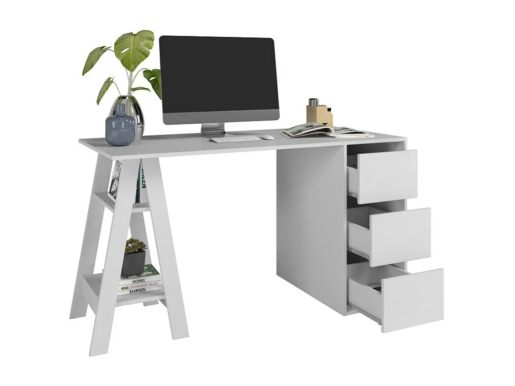 Bureau Tréteau et Caisson 3 Tiroirs Blanc 2 Niches L 135 H 75 P 60 cm