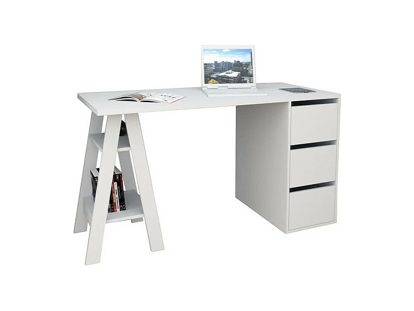 Bureau Tréteau et Caisson 3 Tiroirs Blanc 2 Niches L 135 H 75 P 60 cm