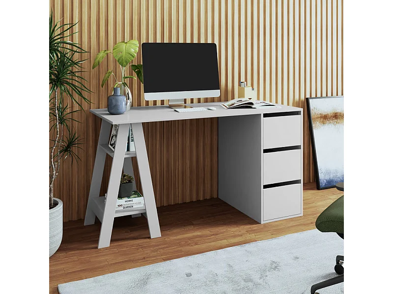 Bureau Tréteau et Caisson 3 Tiroirs Blanc 2 Niches L 135 H 75 P 60 cm