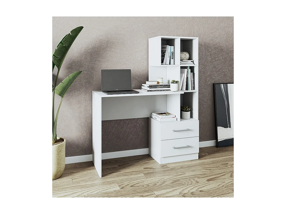 Bureau et Bibliothèque Intégrée 2 Tiroirs 6 Niches Blancs L 108.3 H 130 P 40 cm