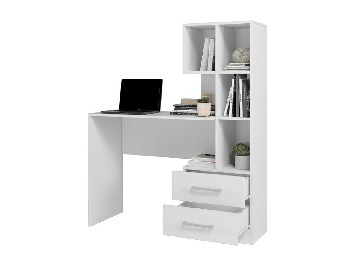 Bureau et Bibliothèque Intégrée 2 Tiroirs 6 Niches Blancs L 108.3 H 130 P 40 cm