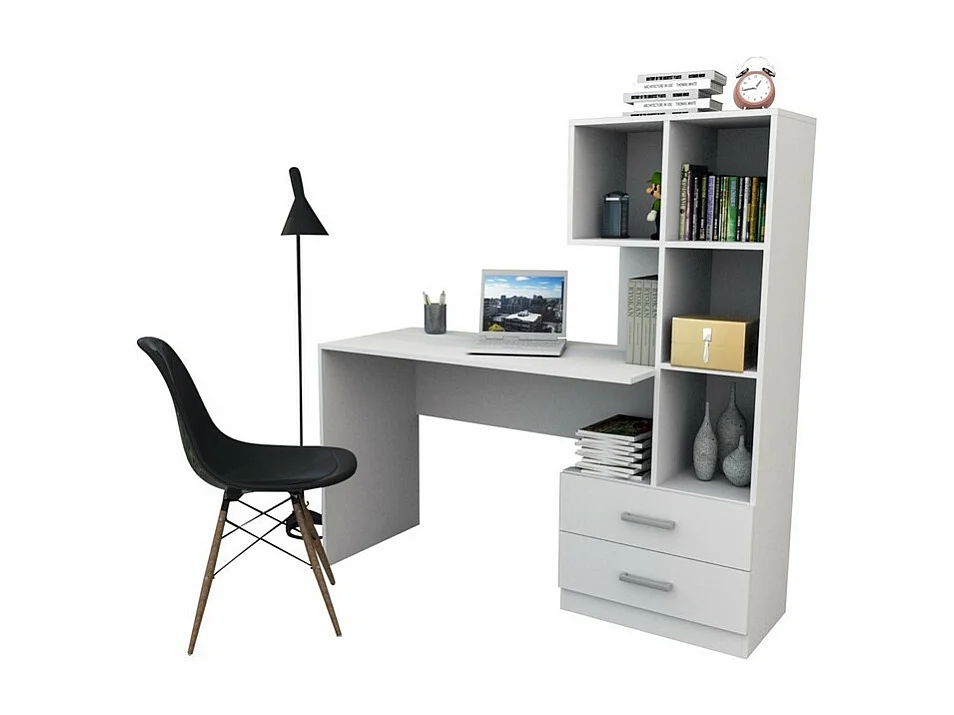 Bureau et Bibliothèque Intégrée 2 Tiroirs 6 Niches Blancs L 108.3 H 130 P 40 cm