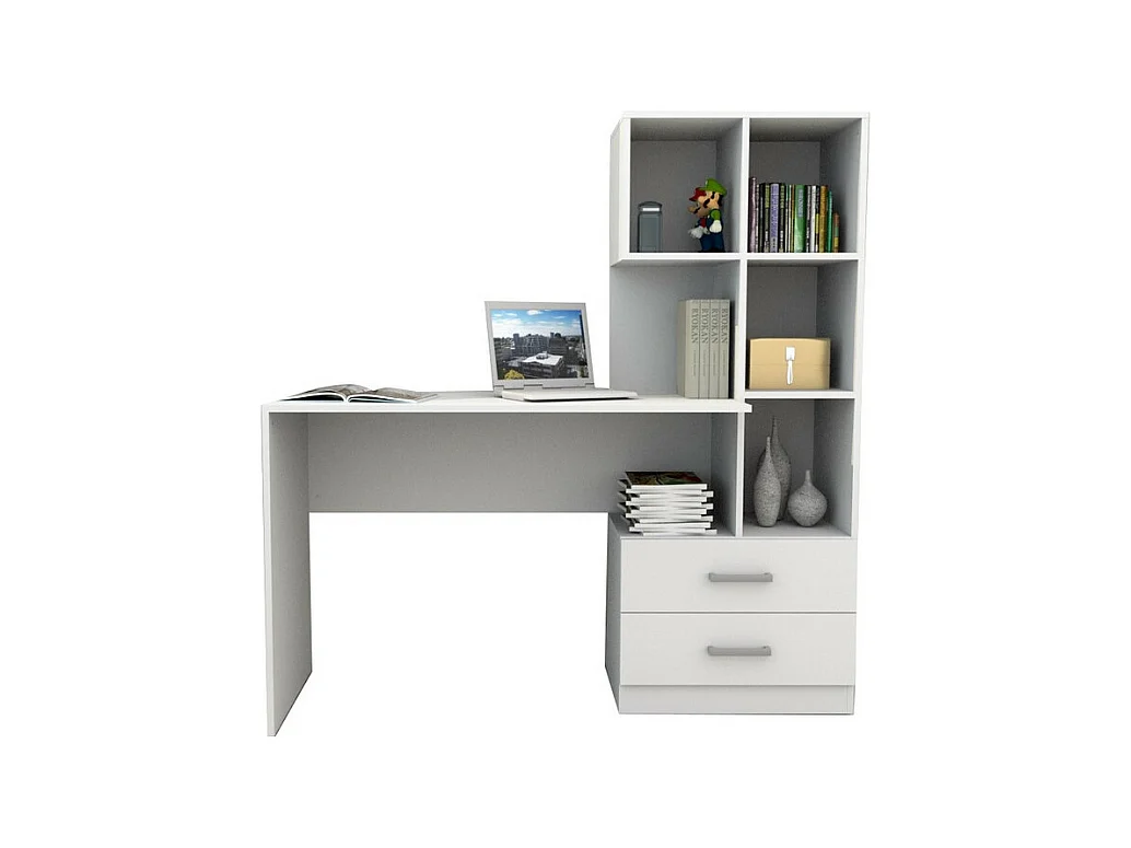 Bureau et Bibliothèque Intégrée 2 Tiroirs 6 Niches Blancs L 108.3 H 130 P 40 cm