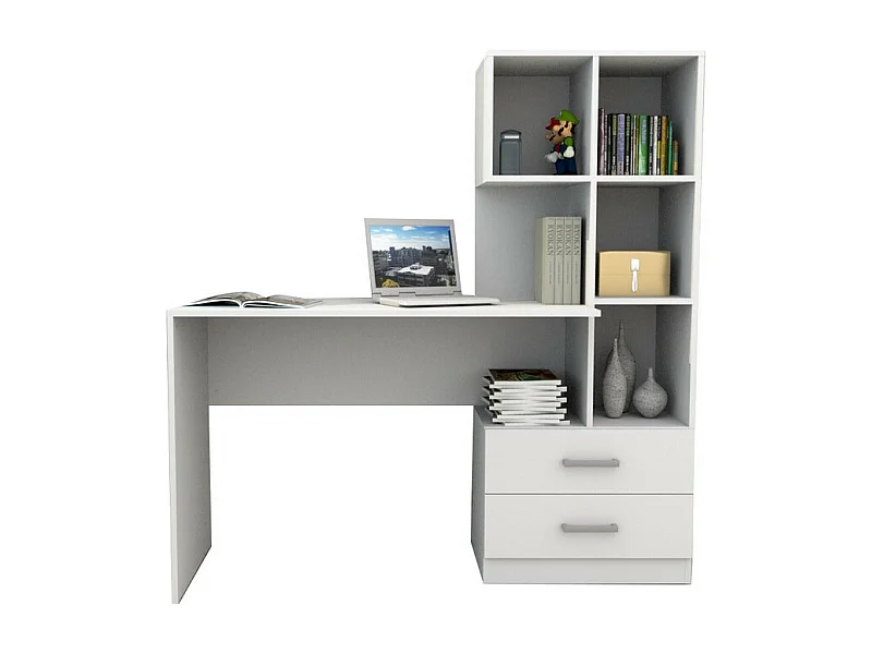 Bureau et Bibliothèque Intégrée 2 Tiroirs 6 Niches Blancs L 108.3 H 130 P 40 cm