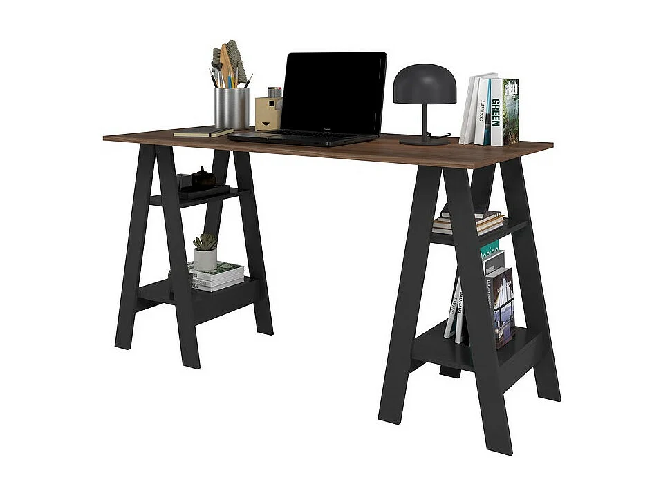 Bureau 2 Tréteaux 4 Niches Noir et Châtaignier L 135 H 75 P 60 cm