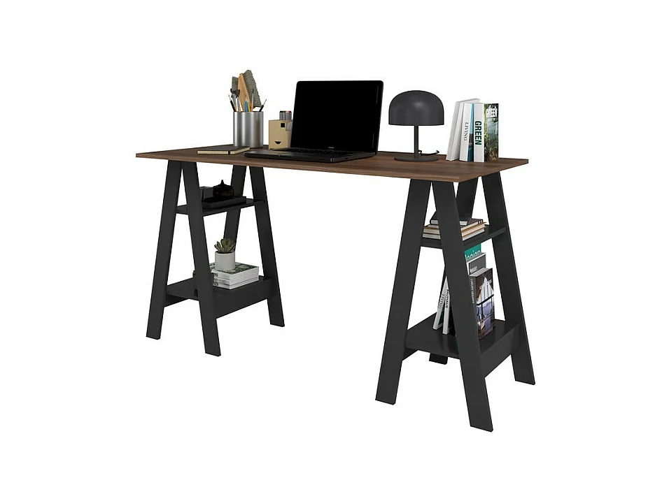 Bureau 2 Tréteaux 4 Niches Noir et Châtaignier L 135 H 75 P 60 cm