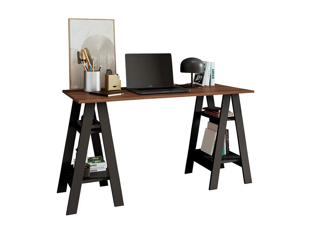 Bureau 2 Tréteaux 4 Niches Noir et Châtaignier L 135 H 75 P 60 cm