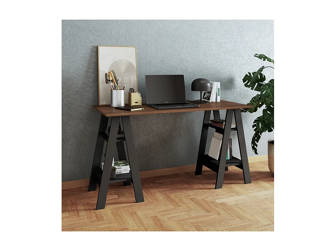 Bureau 2 Tréteaux 4 Niches Noir et Châtaignier L 135 H 75 P 60 cm