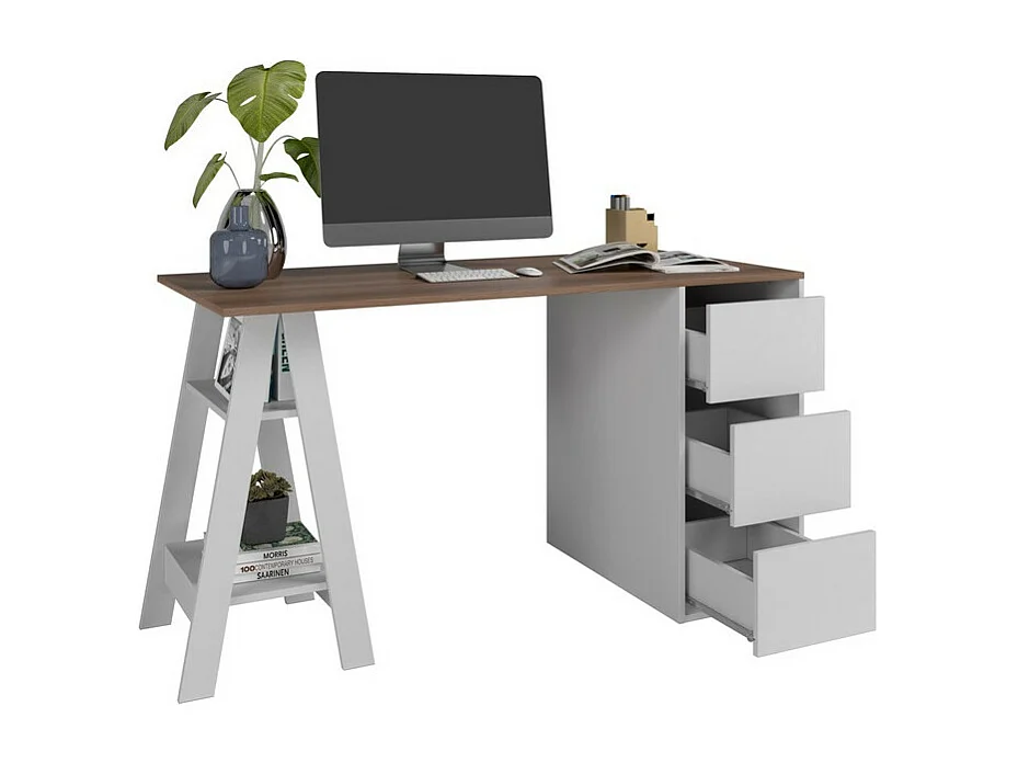 Bureau Tréteau et Caisson 3 Tiroirs Blanc et Châtaignier L 135 H 75 P 60 cm