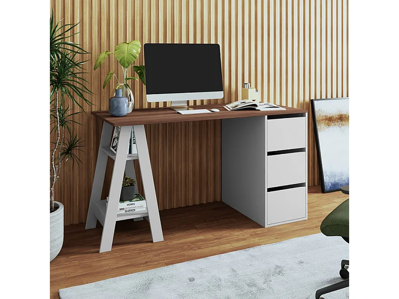 Bureau Tréteau et Caisson 3 Tiroirs Blanc et Châtaignier L 135 H 75 P 60 cm