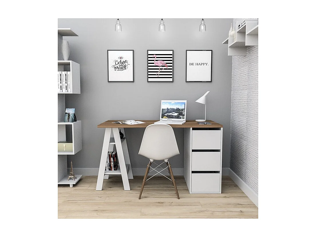 Bureau Tréteau et Caisson 3 Tiroirs Blanc et Châtaignier L 135 H 75 P 60 cm