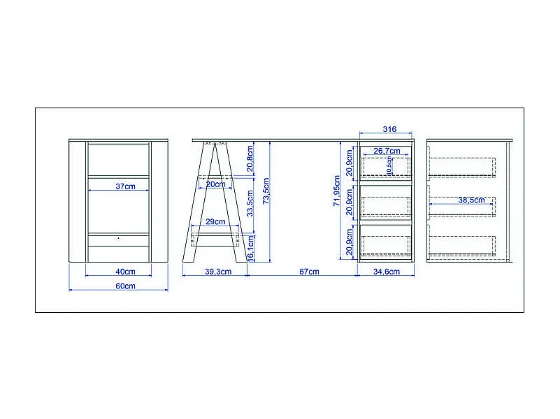 Bureau Tréteau et Caisson 3 Tiroirs Blanc et Châtaignier L 135 H 75 P 60 cm