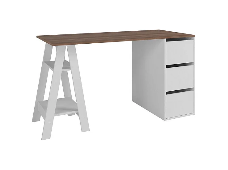 Bureau Tréteau et Caisson 3 Tiroirs Blanc et Châtaignier L 135 H 75 P 60 cm