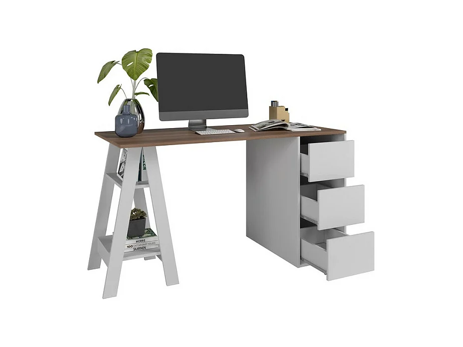 Bureau Tréteau et Caisson 3 Tiroirs Blanc et Châtaignier L 135 H 75 P 60 cm