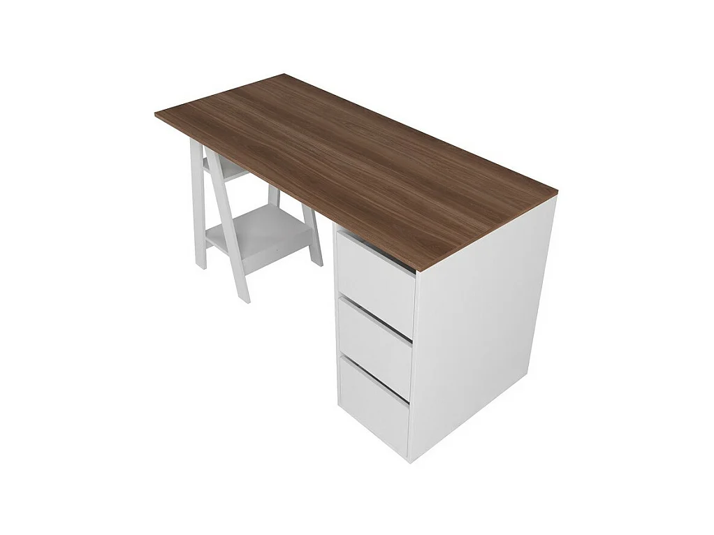 Bureau Tréteau et Caisson 3 Tiroirs Blanc et Châtaignier L 135 H 75 P 60 cm