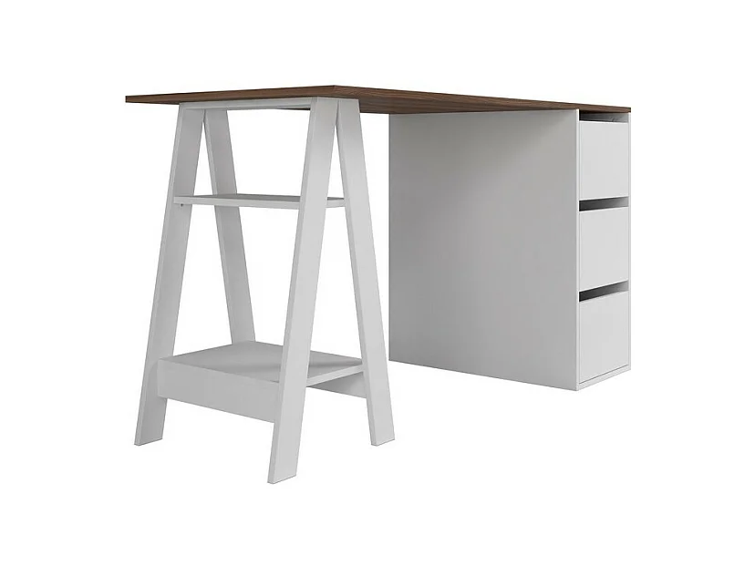 Bureau Tréteau et Caisson 3 Tiroirs Blanc et Châtaignier L 135 H 75 P 60 cm