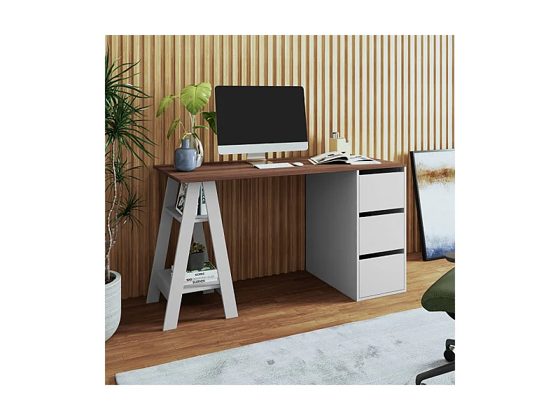 Bureau Tréteau et Caisson 3 Tiroirs Blanc et Châtaignier L 135 H 75 P 60 cm