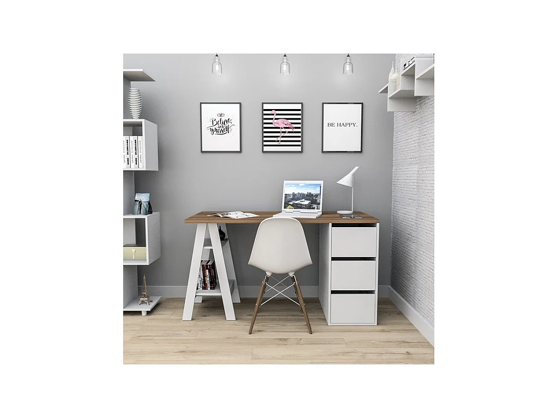 Bureau Tréteau et Caisson 3 Tiroirs Blanc et Châtaignier L 135 H 75 P 60 cm