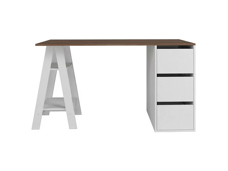 Bureau Tréteau et Caisson 3 Tiroirs Blanc et Châtaignier L 135 H 75 P 60 cm