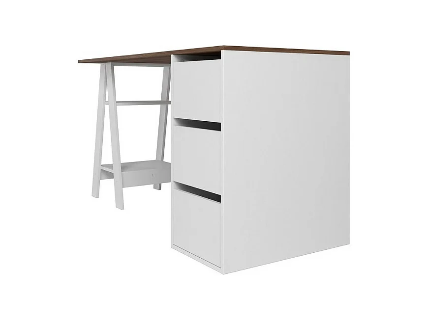 Bureau Tréteau et Caisson 3 Tiroirs Blanc et Châtaignier L 135 H 75 P 60 cm