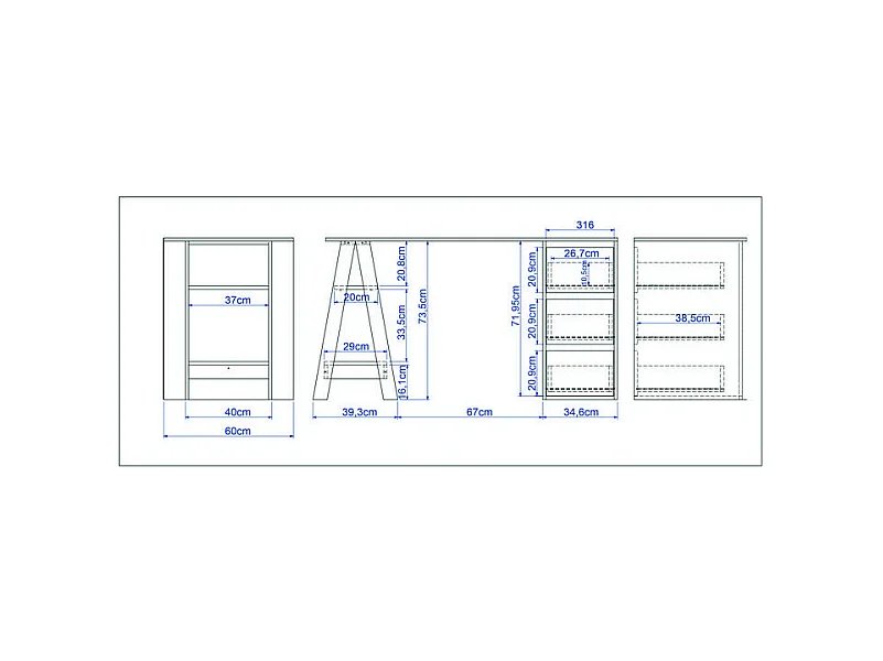 Bureau Tréteau et Caisson 3 Tiroirs Blanc et Châtaignier L 135 H 75 P 60 cm